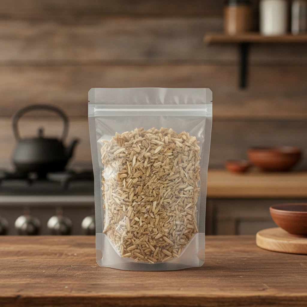 Butcher's Broom Root Cut (Ruscus Aculeatus) | The herb/berry/powder/fruit/root/bark that is in the black bowl, i would like it to shown in a plastic stand up resalable pouch that is clear.