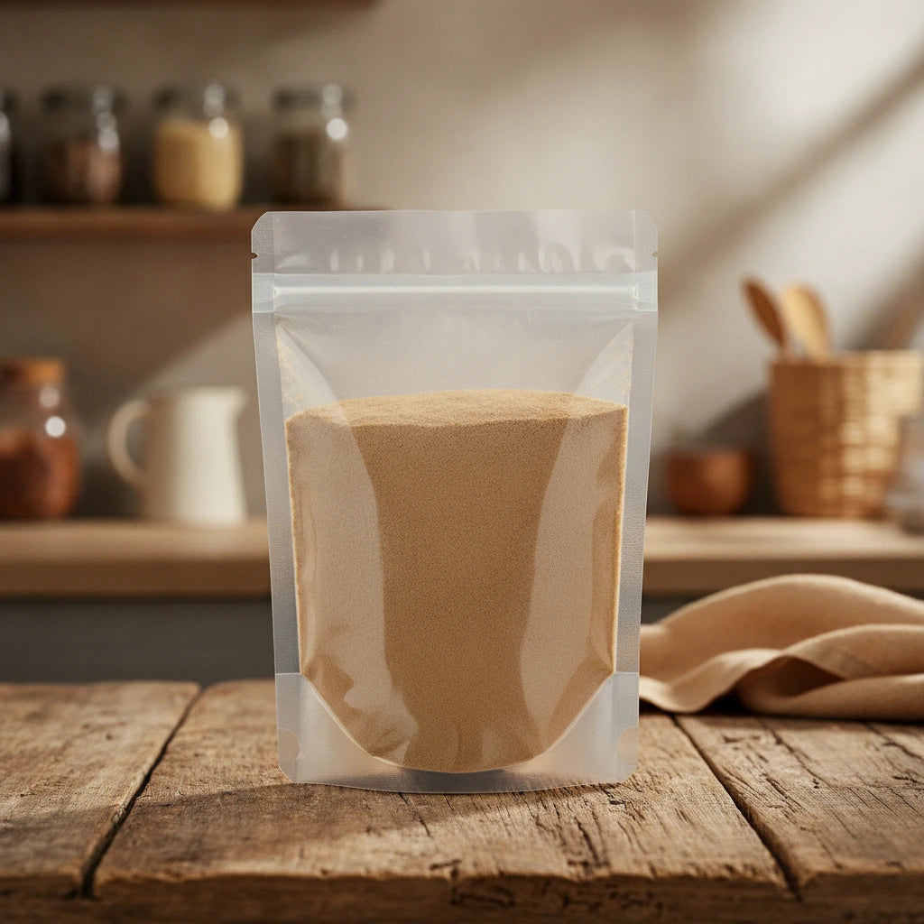 Butcher's Broom Root Powder (Ruscus Aculeatus) | The herb/berry/powder/fruit/root/bark that is in the black bowl, i would like it to shown in a plastic stand up resalable pouch that is clear.