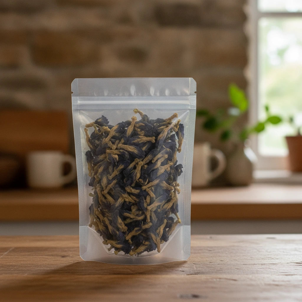 Butterfly Pea Flower Whole (Clitoria Ternatea) | The herb/berry/powder/fruit/root/bark that is in the black bowl, i would like it to shown in a plastic stand up resalable pouch that is clear.