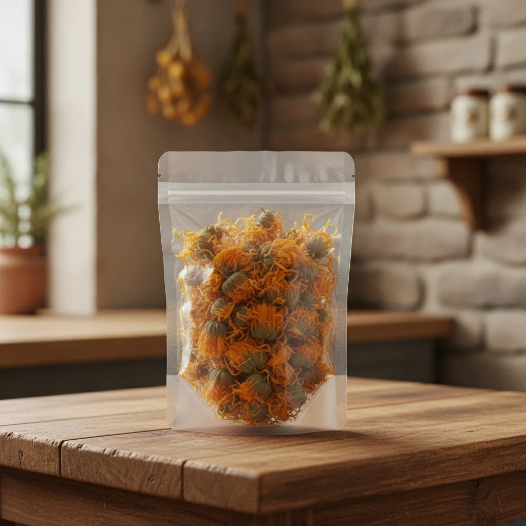 Calendula Flowers Whole (Calendula Officinalis) | The herb/berry/powder/fruit/root/bark that is in the black bowl, i would like it to shown in a plastic stand up resalable pouch that is clear.