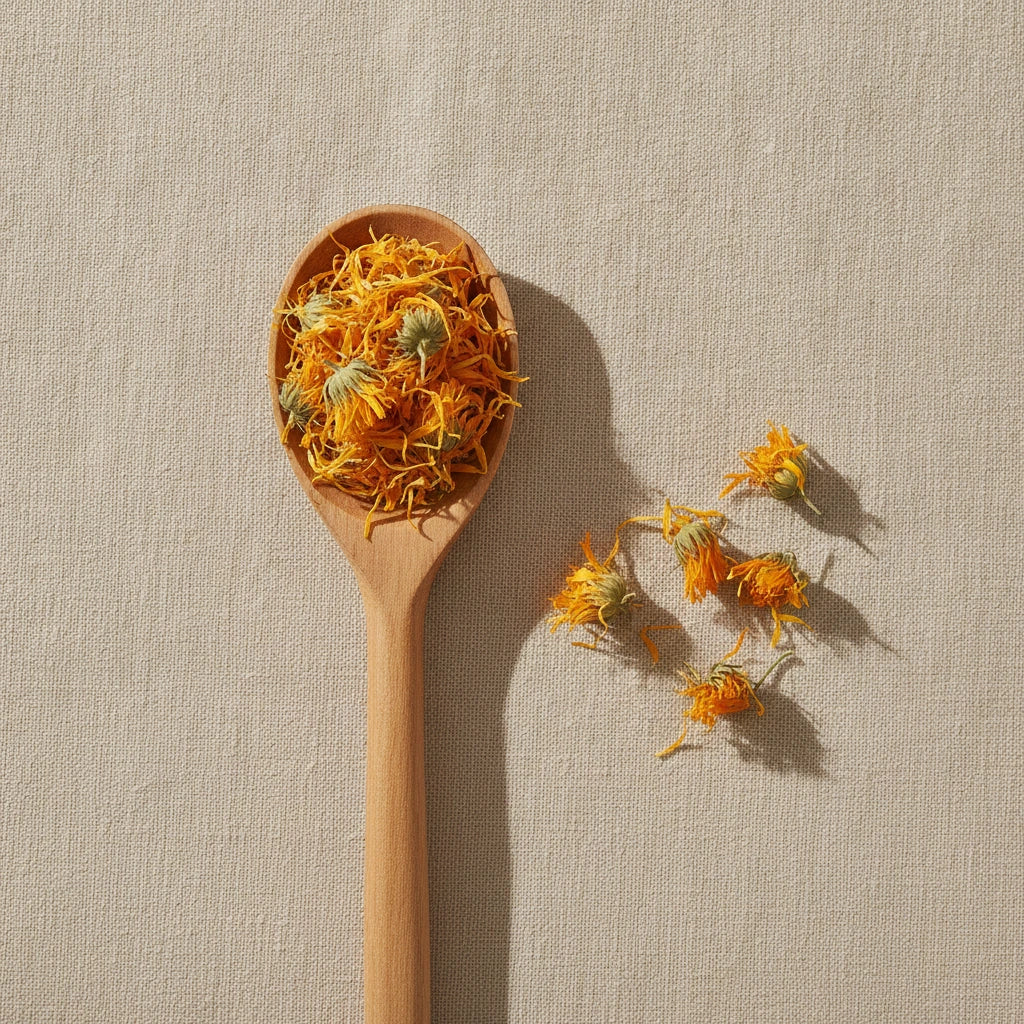 Calendula Flowers Whole (Calendula Officinalis) | Create a luxurious, photorealistic product photograph featuring the original product naturally arranged in an elegant handcrafted wooden spoon on a soft, finely