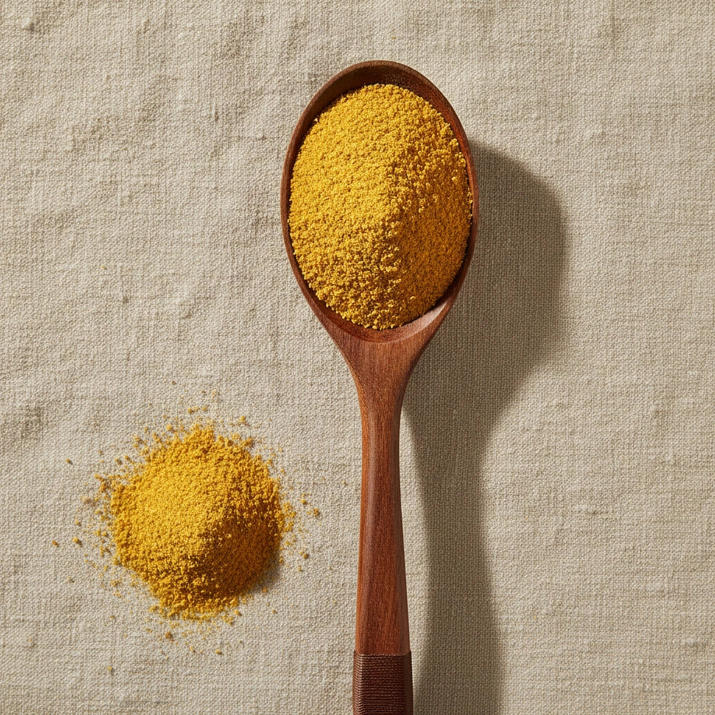 Calendula Powder (Calendula Officinalis) | Create a luxurious, photorealistic product photograph featuring the original product naturally arranged in an elegant handcrafted wooden spoon on a soft, finely