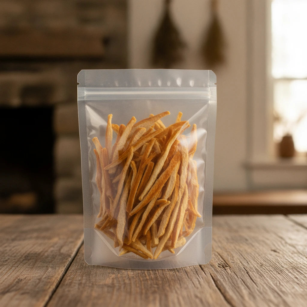 California Orange Peel Strips (Citrus Sinensis) | The herb/berry/powder/fruit/root/bark that is in the black bowl, i would like it to shown in a plastic stand up resalable pouch that is clear.