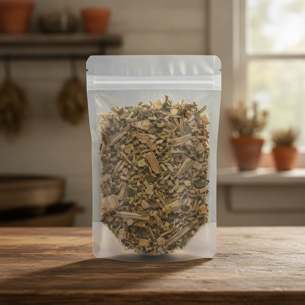 Capitaneja Herb Cut (Verbesina Crocata) | The herb/berry/powder/fruit/root/bark that is in the black bowl, i would like it to shown in a plastic stand up resalable pouch that is clear.