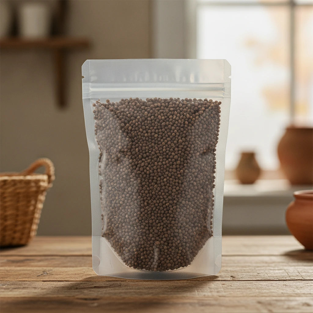 Cardamom Seed Whole (Decorticated) (Elettaria Cardamomum) | The herb/berry/powder/fruit/root/bark/seeds that is in the black bowl, i would like it to shown in a plastic stand up resalable pouch that is clear.