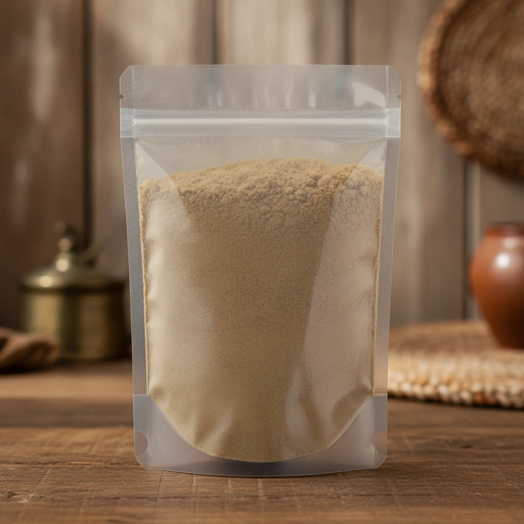 Cascara Sagrada Bark Powder (Rhamnus Purshiana) | The herb/berry/powder/fruit/root/bark that is in the black bowl, i would like it to shown in a plastic stand up resalable pouch that is clear.