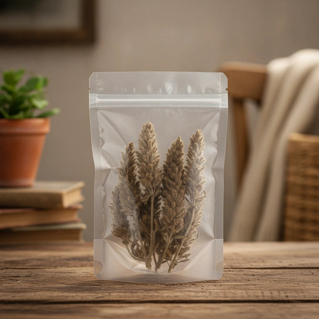 Catnip Flower Buds Whole (Nepeta Cataria) | The herb/berry/powder/fruit/root/bark that is in the black bowl, i would like it to shown in a plastic stand up resalable pouch that is clear.