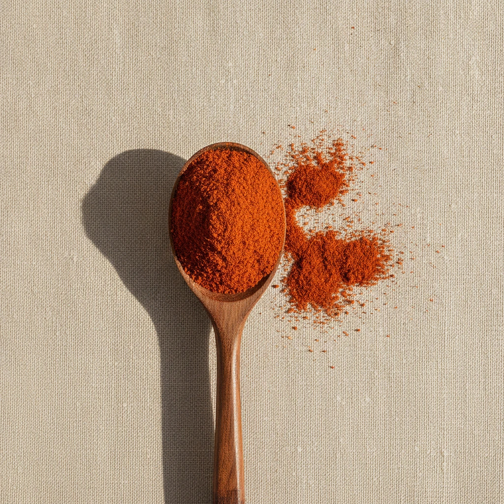Cayenne Pepper Ground (100,000 HU) (Capsicum Frutescens) | Create a luxurious, photorealistic product photograph featuring the original product naturally arranged in an elegant handcrafted wooden spoon on a soft, finely