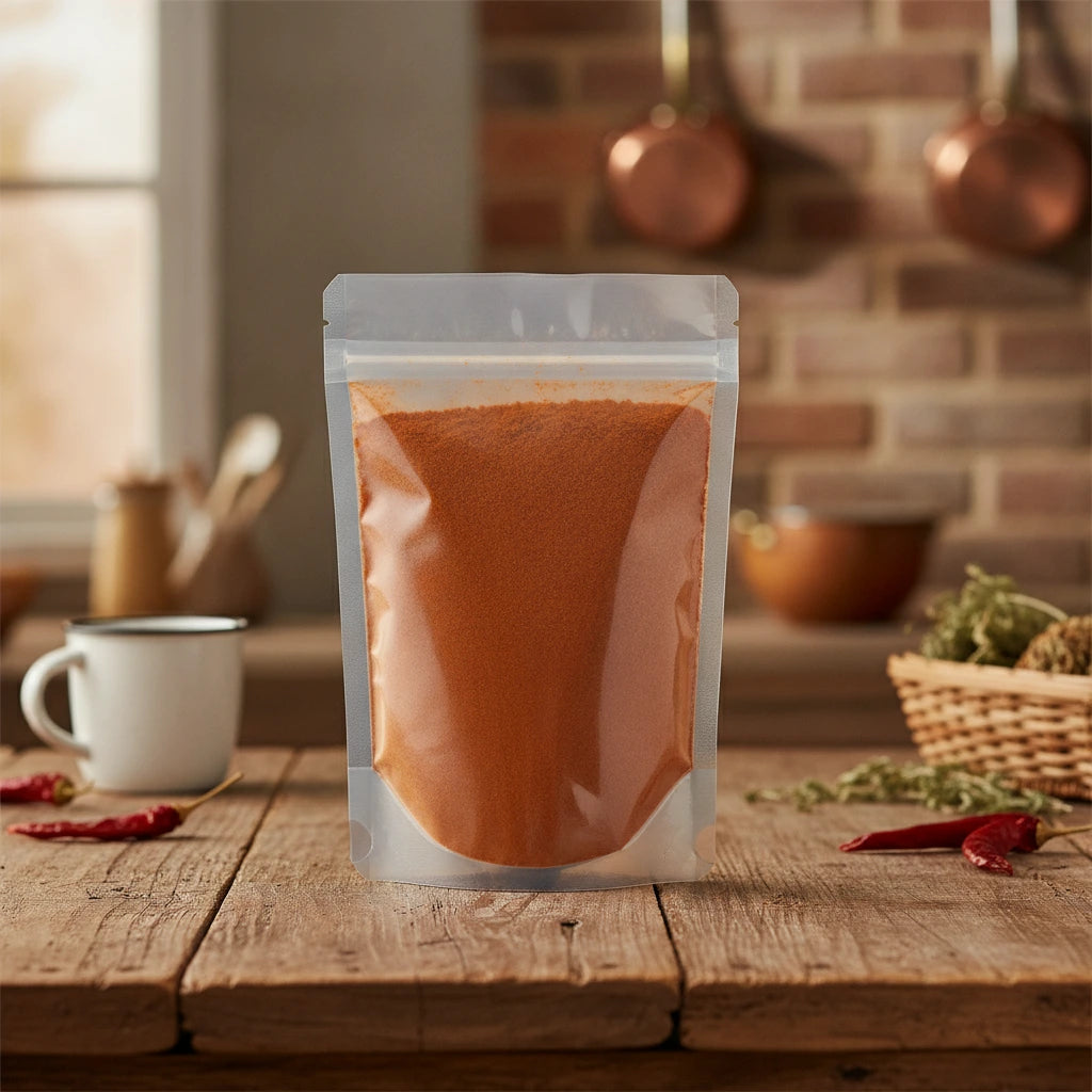 Cayenne Pepper Ground (130,000 HU) (Capsicum Annuum) | The herb/berry/powder/fruit/root/bark that is in the black bowl, i would like it to shown in a plastic stand up resalable pouch that is clear.