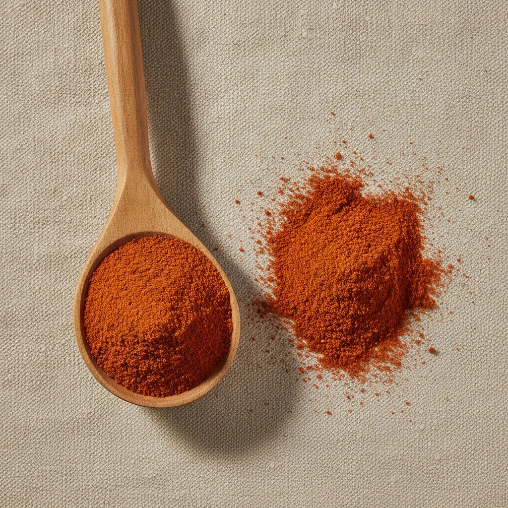 Cayenne Pepper Ground (130,000 HU) (Capsicum Annuum) | Create a luxurious, photorealistic product photograph featuring the original product naturally arranged in an elegant handcrafted wooden spoon on a soft, finely