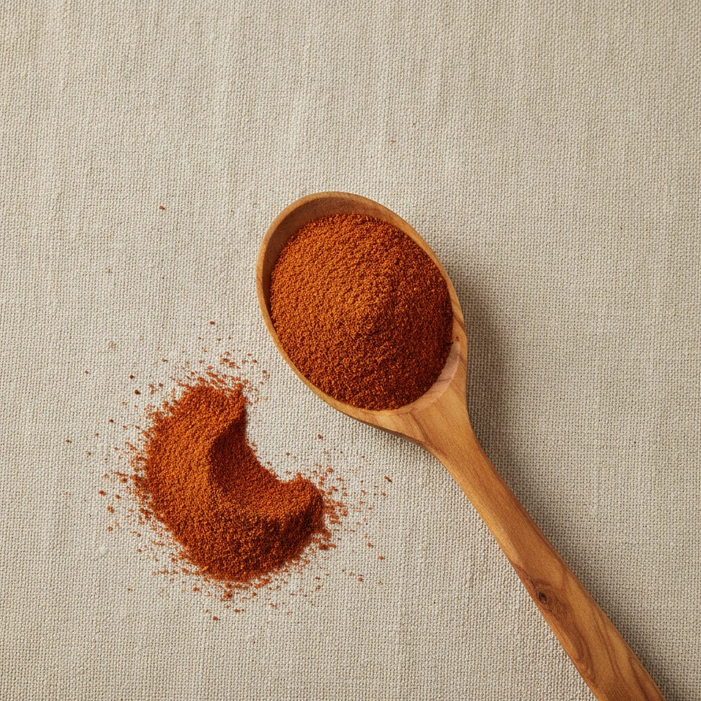 Cayenne Pepper Ground (90,000 HU) (Capsicum Annuum) | Create a luxurious, photorealistic product photograph featuring the original product naturally arranged in an elegant handcrafted wooden spoon on a soft, finely