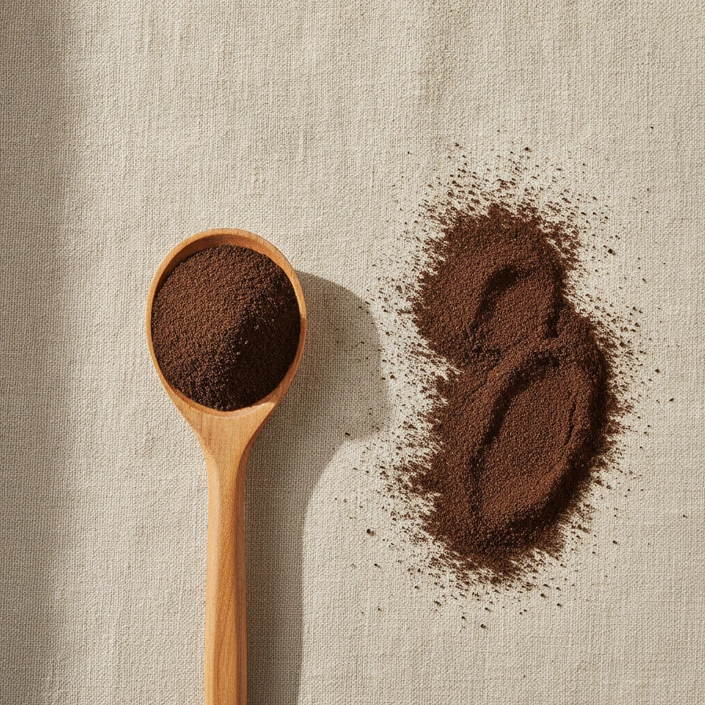 Chaga Mushroom Powder (Inonotus Obliquus) | Create a luxurious, photorealistic product photograph featuring the original product naturally arranged in an elegant handcrafted wooden spoon on a soft, finely