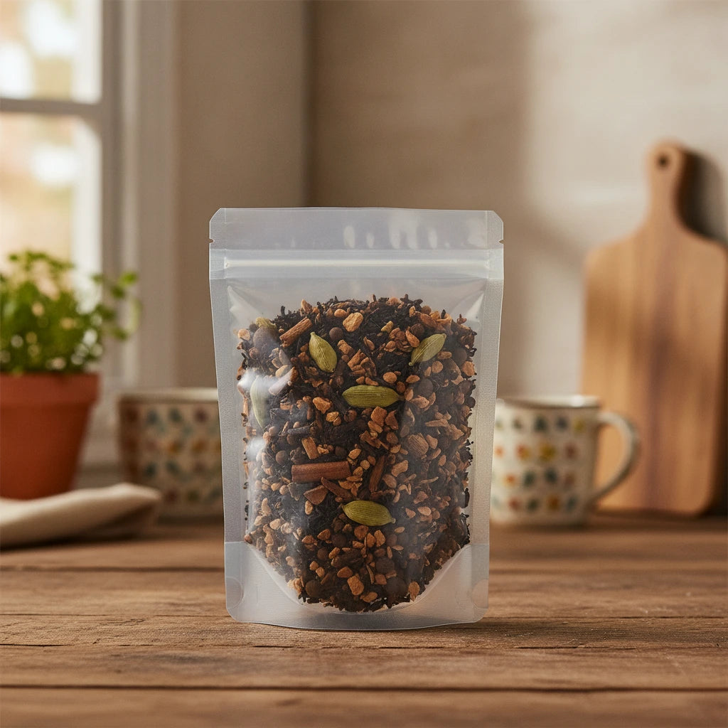 Chai Tea (Camellia Sinensis) | The herb/powder/tea that is in the black bowl, i would like it to shown in a plastic stand up resalable bag that is clear.