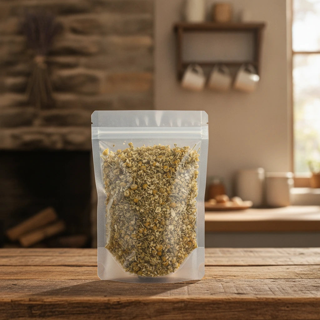 Chamomile Flowers Tea Bag Cut (Matricaria Recutita) | The herb/berry/powder/fruit/root/bark that is in the black bowl, i would like it to shown in a plastic stand up resalable pouch that is clear.