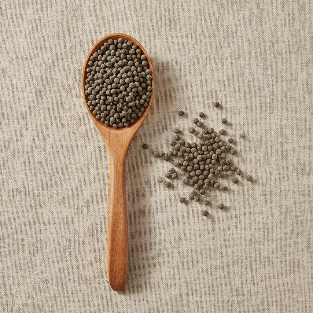 Chaste Tree Berries Whole (Vitex Agnus-Castus) | Create a luxurious, photorealistic product photograph featuring the original product naturally arranged in an elegant handcrafted wooden spoon on a soft, finely