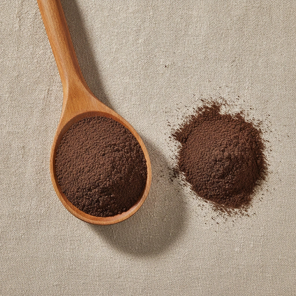 Chia Protein Powder (Salvia Hispanica) | Create a luxurious, photorealistic product photograph featuring the original product naturally arranged in an elegant handcrafted wooden spoon on a soft, finely