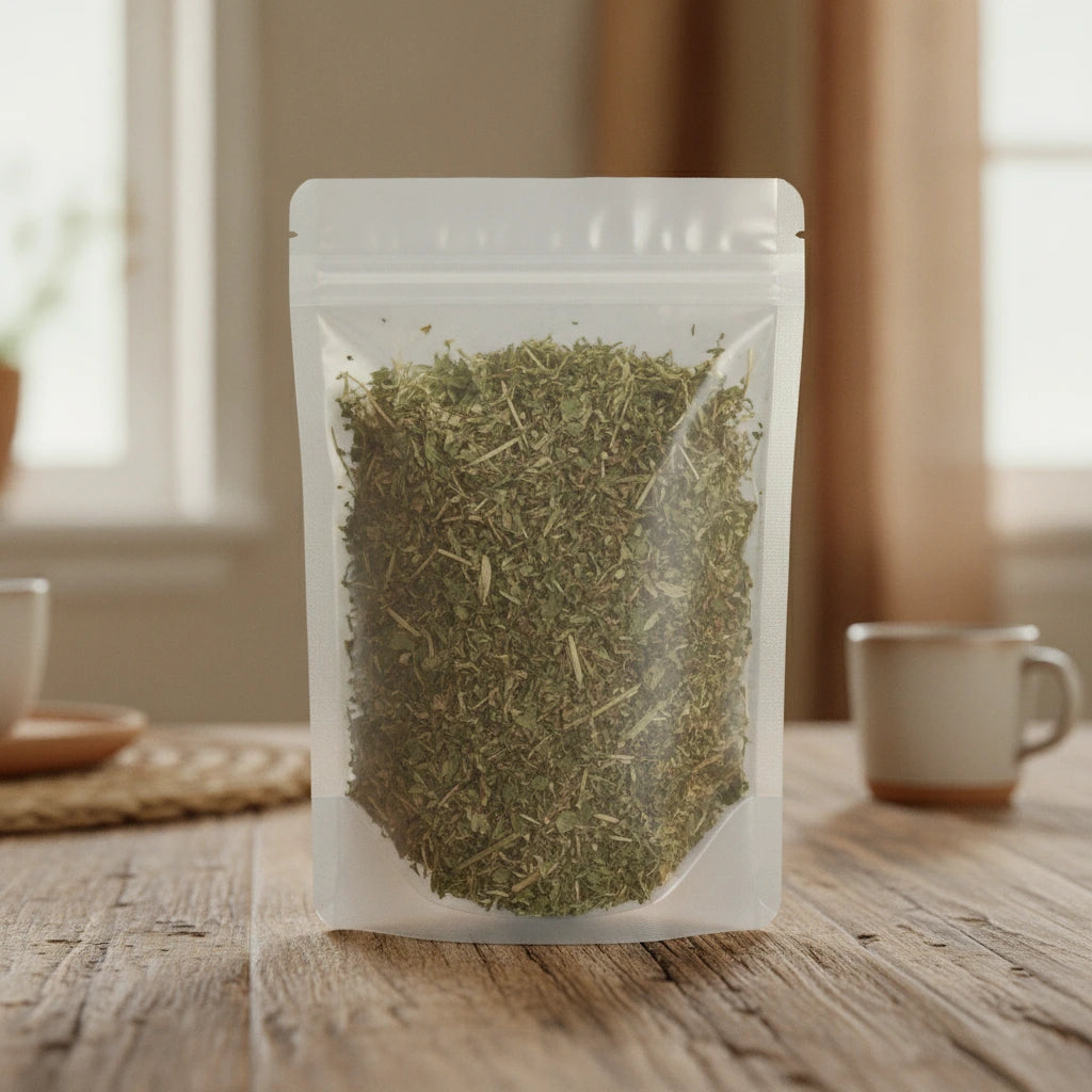 Chickweed Herb Cut (Stellaria Media) | The herb/berry/powder/fruit/root/bark that is in the black bowl, i would like it to shown in a plastic stand up resalable pouch that is clear.