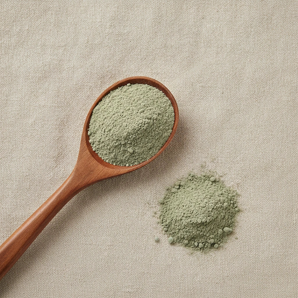 Chickweed Herb Powder (Stellaria Media) | Create a luxurious, photorealistic product photograph featuring the original product naturally arranged in an elegant handcrafted wooden spoon on a soft, finely