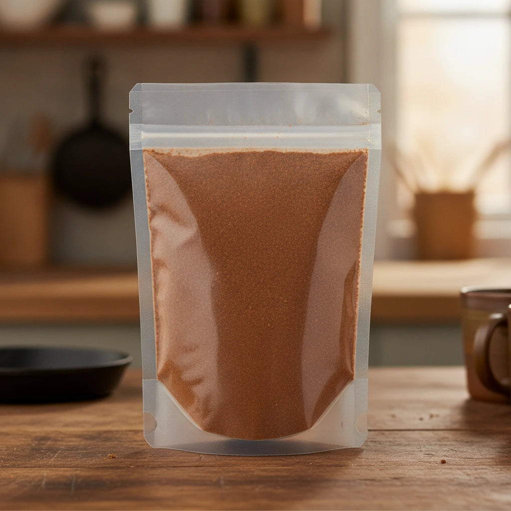 Chinese Five Spice Blend | The herb/berry/powder/fruit/root/bark that is in the black bowl, i would like it to shown in a plastic stand up resalable pouch that is clear.