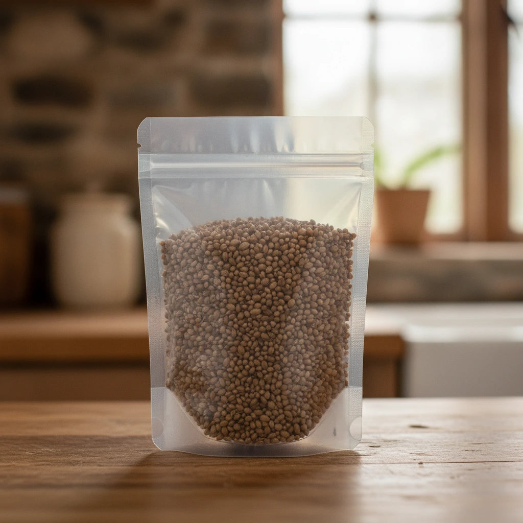 Chinese Motherwort Seed Whole (Leonurus Japonicus) | The herb/berry/powder/fruit/root/bark/seeds that is in the black bowl, i would like it to shown in a plastic stand up resalable pouch that is clear.