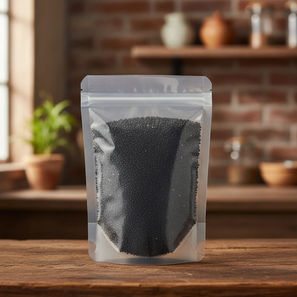 Chinese Plantain Seeds Whole (Plantago Asiatica) | The herb/berry/powder/fruit/root/bark/seeds that is in the black bowl, i would like it to shown in a plastic stand up resalable pouch that is clear.