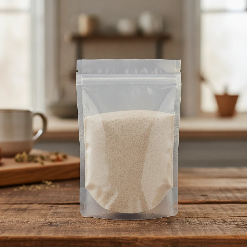 Chinese Yam Powder (Dioscorea Opposita) | The herb/berry/powder/fruit/root/bark that is in the black bowl, i would like it to shown in a plastic stand up resalable pouch that is clear.