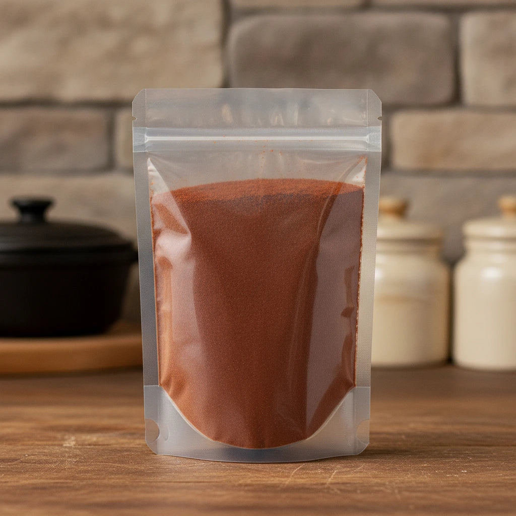 Chipotle Powder (Capsicum Annuum) | The herb/berry/powder/fruit/root/bark that is in the black bowl, i would like it to shown in a plastic stand up resalable pouch that is clear.
