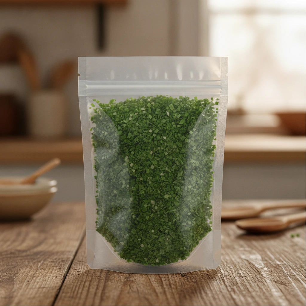 Chives Cut (Allium Schoenoprasum) | The herb/berry/powder/fruit/root/bark that is in the black bowl, i would like it to shown in a plastic stand up resalable pouch that is clear.