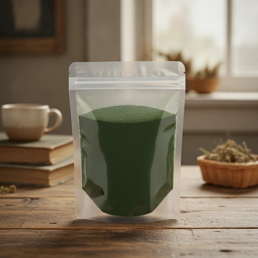 Chlorella Powder (Chlorella Pyrenoidosa) | The herb/berry/powder/fruit/root/bark that is in the black bowl, i would like it to shown in a plastic stand up resalable pouch that is clear.