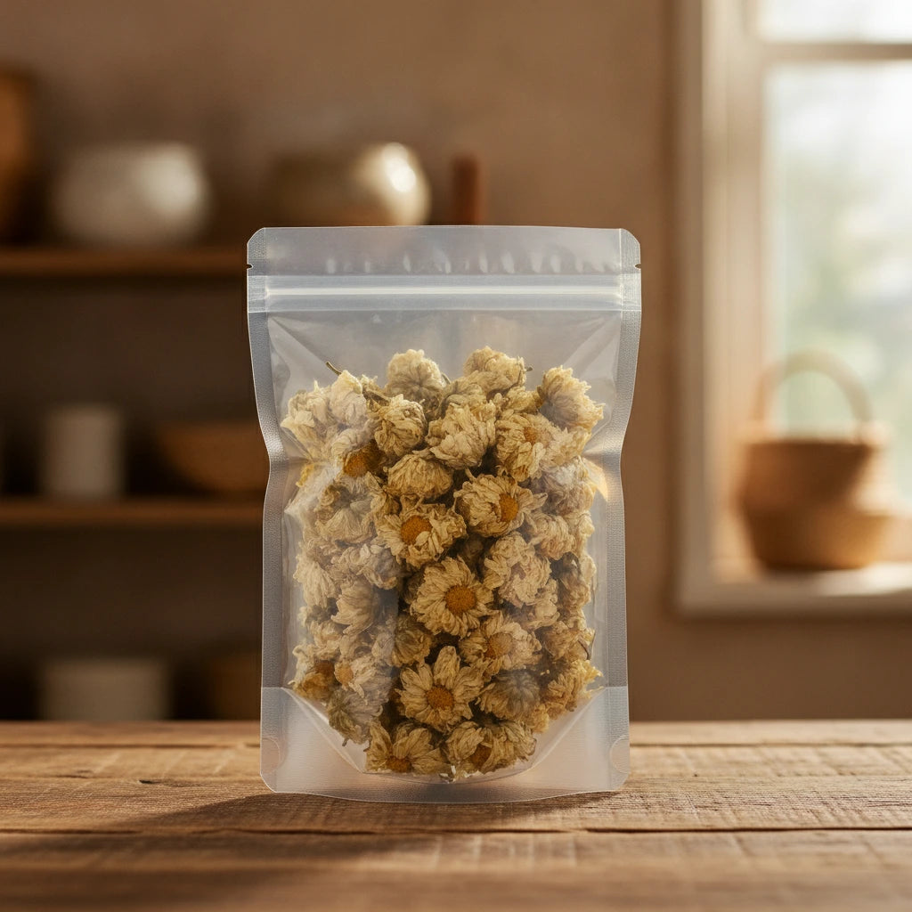 Chrysanthemum Flowers Whole (Chrysanthemum Morifolium) | The herb/berry/powder/fruit/root/bark that is in the black bowl, i would like it to shown in a plastic stand up resalable pouch that is clear.