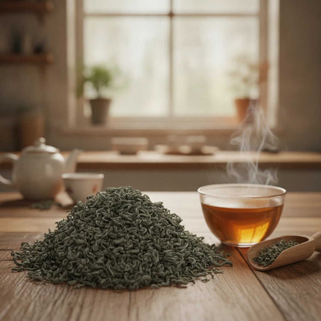 Chun Mei Green Tea (Camellia Sinensis) | Can you show this tea outside of the bag and bowl, on a table next to a hot tea cup in a rustic home.