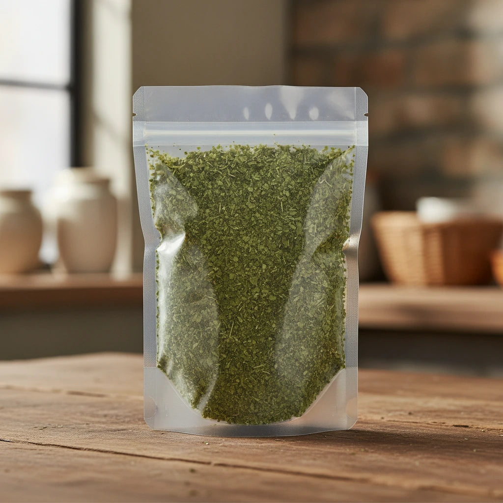 Cilantro Leaf Cut (Egyptian) (Coriandrum Sativum) | The herb/berry/powder/fruit/root/bark that is in the black bowl, i would like it to shown in a plastic stand up resalable pouch that is clear.