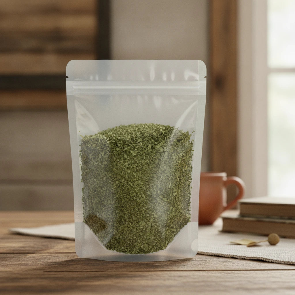 Cilantro Leaf Cut (USA) (Coriandrum Sativum) | The herb/berry/powder/fruit/root/bark that is in the black bowl, i would like it to shown in a plastic stand up resalable pouch that is clear.