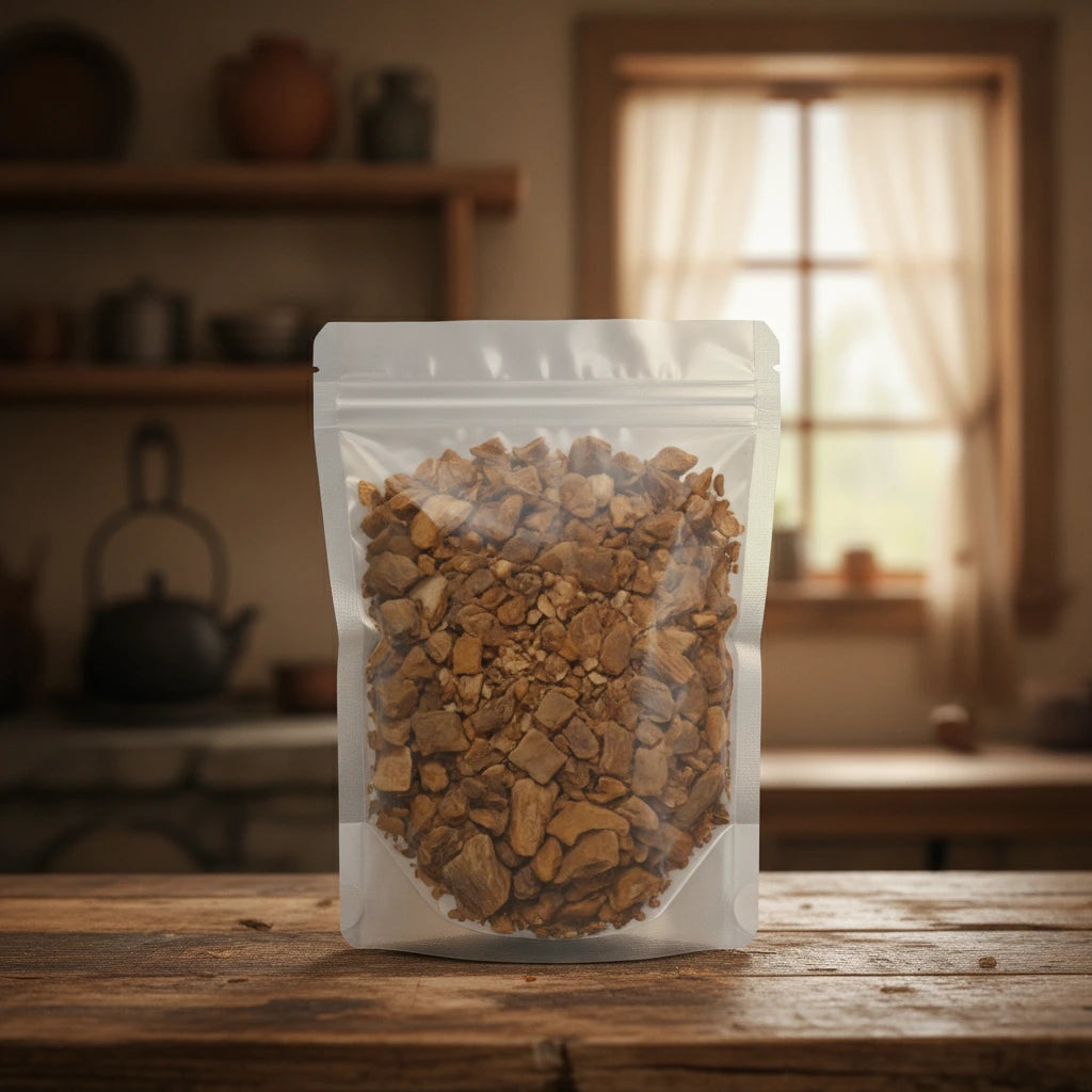 Cinchona Bark Cut (Cinchona Officinalis) | The herb/berry/powder/fruit/root/bark that is in the black bowl, i would like it to shown in a plastic stand up resalable pouch that is clear.