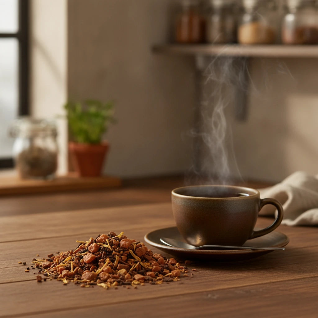 Cinnamon Apricot Herbal Tea (Cinnamomum Cassia) | Can you show this tea outside of the bag and bowl, on a table next to a hot tea cup in a rustic home.