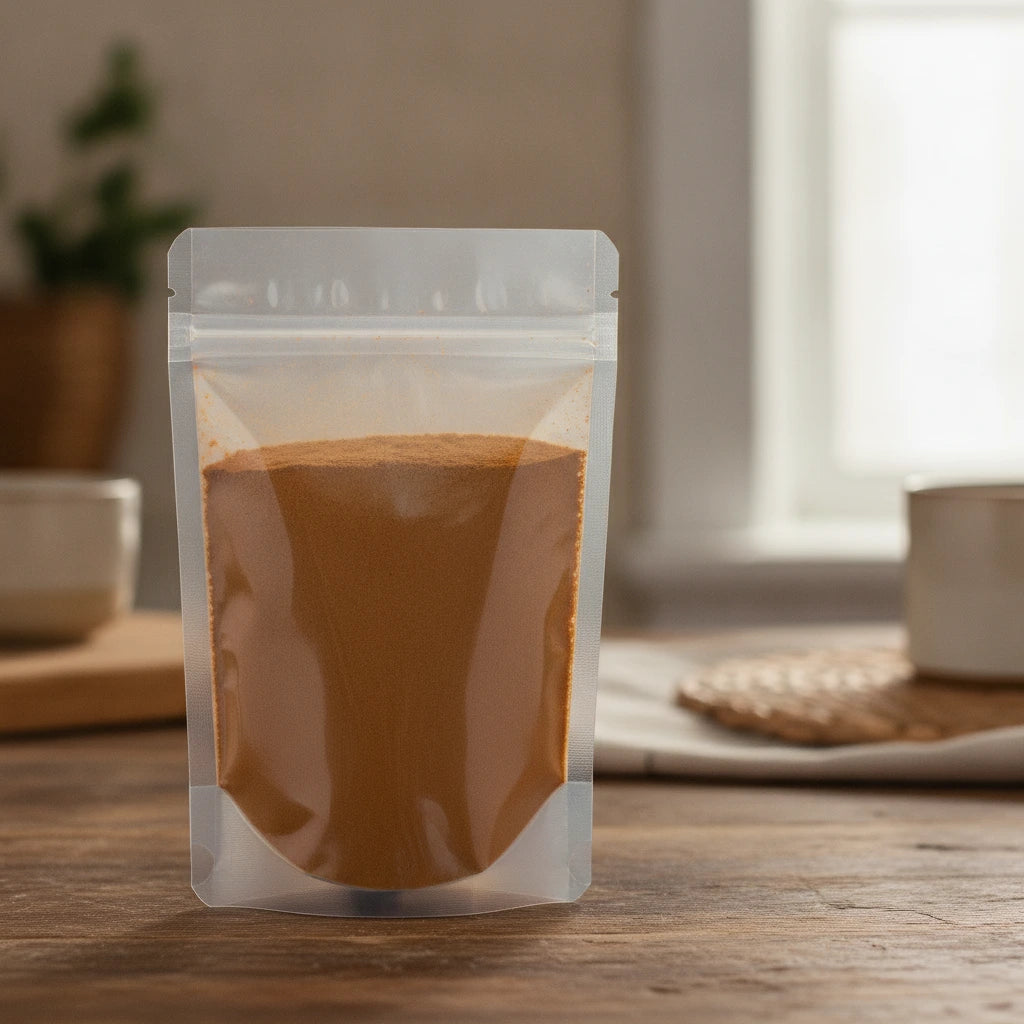 Cinnamon Powder (Cinnamomum Burmannii) | The herb/berry/powder/fruit/root/bark that is in the black bowl, i would like it to shown in a plastic stand up resalable pouch that is clear.