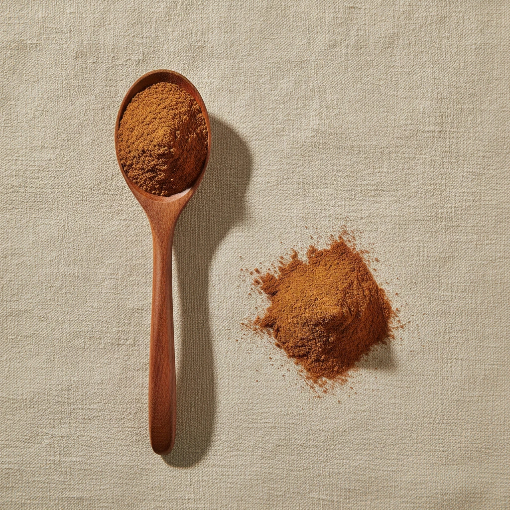 Cinnamon Powder (Cinnamomum Burmannii) | Create a luxurious, photorealistic product photograph featuring the original product naturally arranged in an elegant handcrafted wooden spoon on a soft, finely
