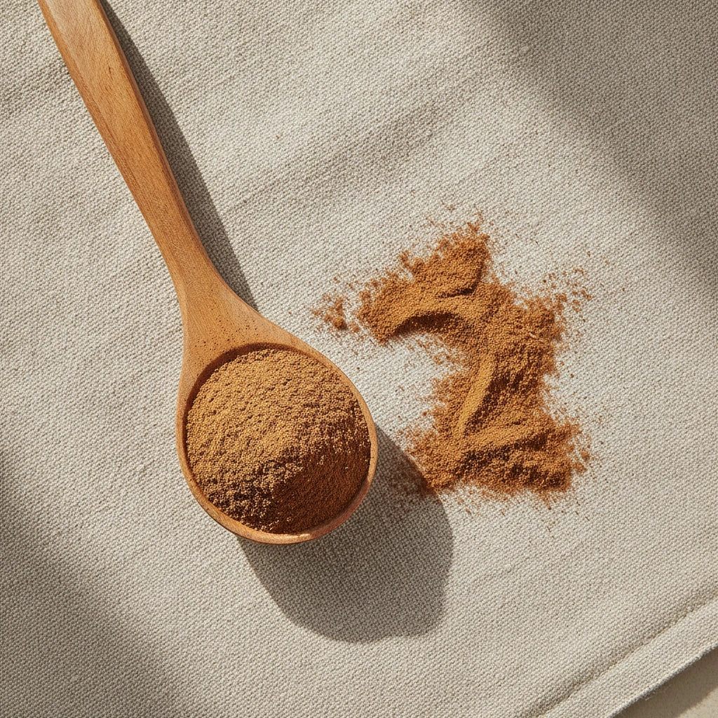Cinnamon Twig Powder (Ramulus Cinnamomi) | Create a luxurious, photorealistic product photograph featuring the original product naturally arranged in an elegant handcrafted wooden spoon on a soft, finely