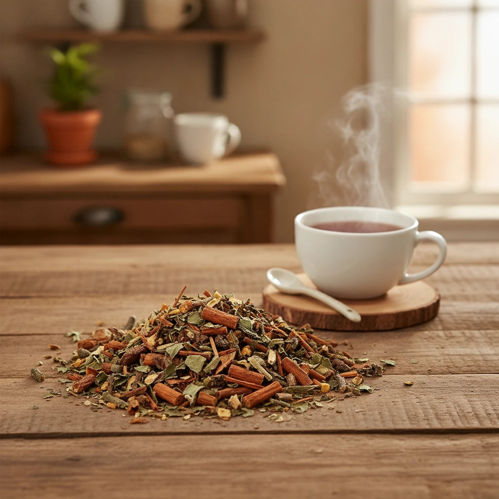 Circulation Herbal Tea | Can you show this tea outside of the bag and bowl, on a table next to a hot tea cup in a rustic home.