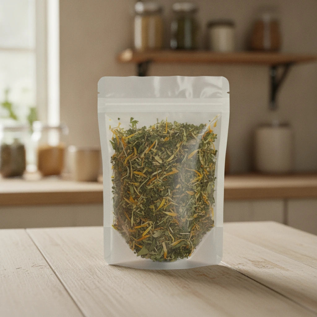 Cleanse and Clear Herbal Tea | The herb/powder/tea that is in the black bowl, i would like it to shown in a plastic stand up resalable bag that is clear.