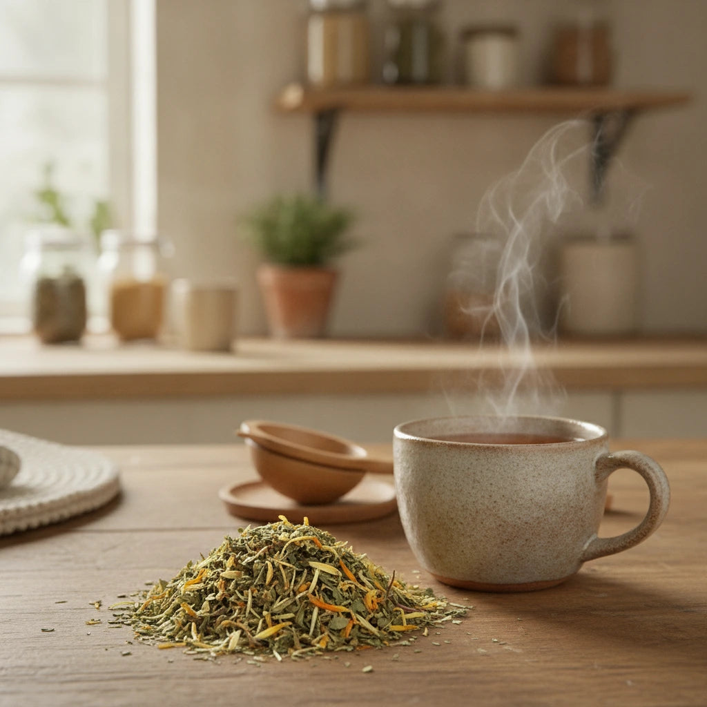 Cleanse and Clear Herbal Tea | Can you show this tea outside of the bag and bowl, on a table next to a hot tea cup in a rustic home.