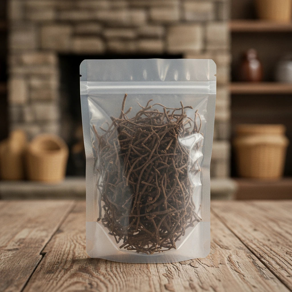 Clematis Root Whole (Clematis Chinensis) | The herb/berry/powder/fruit/root/bark that is in the black bowl, i would like it to shown in a plastic stand up resalable pouch that is clear.