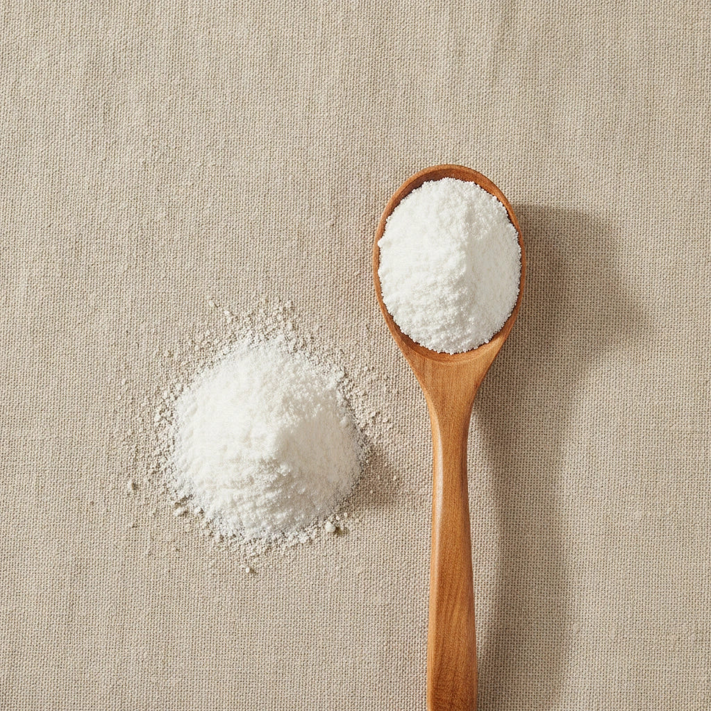 Coconut Milk Powder | Create a luxurious, photorealistic product photograph featuring the original product naturally arranged in an elegant handcrafted wooden spoon on a soft, finely