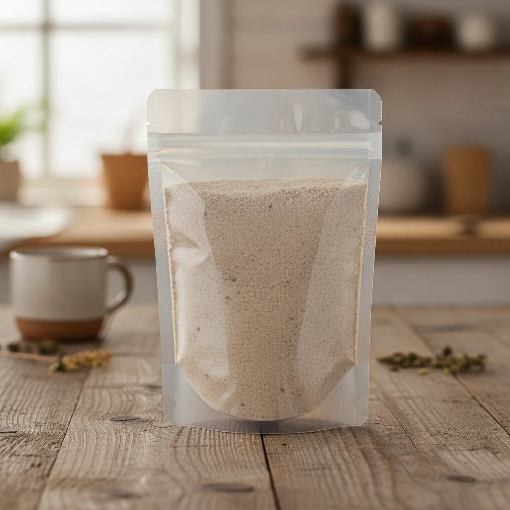 Coix Seed Powder (Coix Lacryma-Jobi Var. Ma-Yuen) | The herb/berry/powder/fruit/root/bark that is in the black bowl, i would like it to shown in a plastic stand up resalable pouch that is clear.