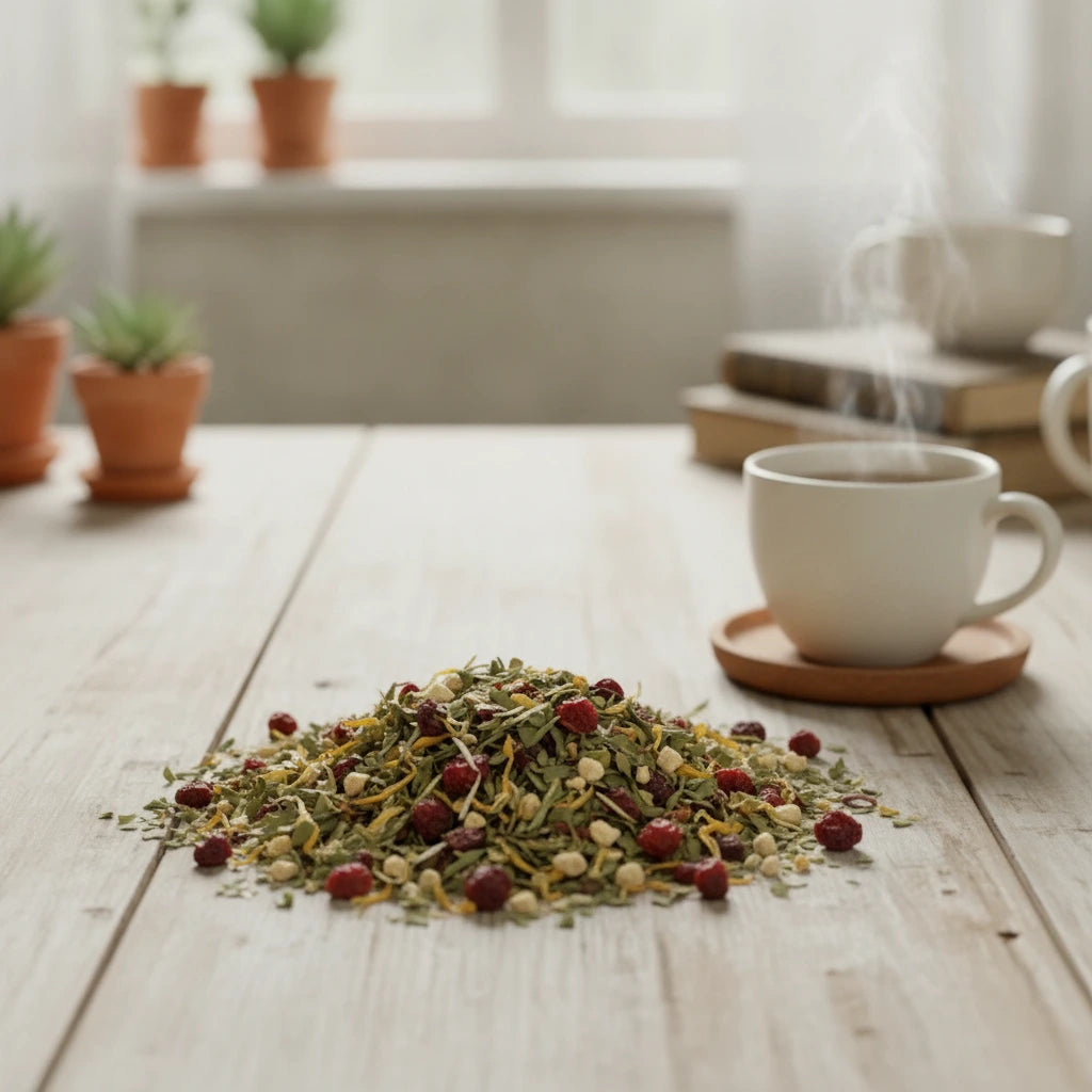 Cold and Flu Brew Herbal Tea (Mentha Piperita) | Can you show this tea outside of the bag and bowl, on a table next to a hot tea cup in a rustic home.