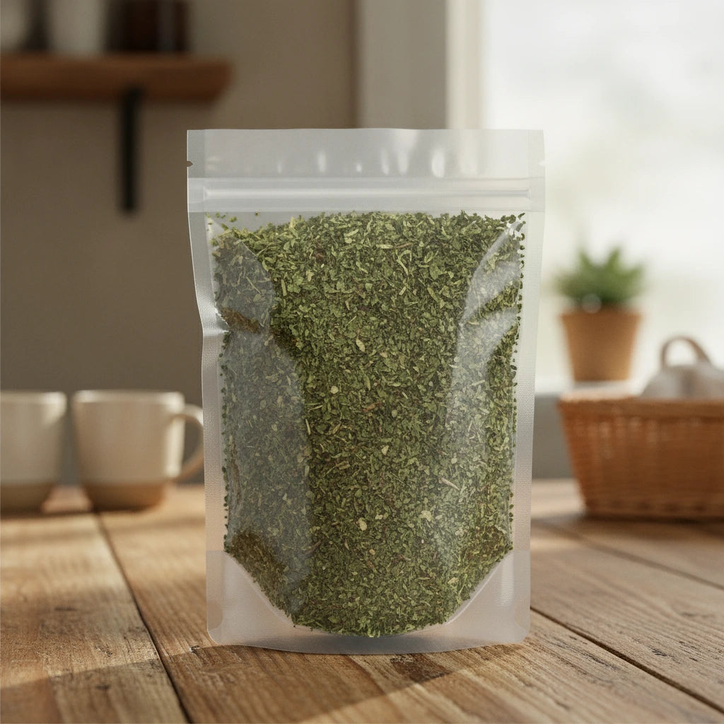 Comfrey Leaf Cut (Symphytum Officinale) | The herb/berry/powder/fruit/root/bark that is in the black bowl, i would like it to shown in a plastic stand up resalable pouch that is clear.