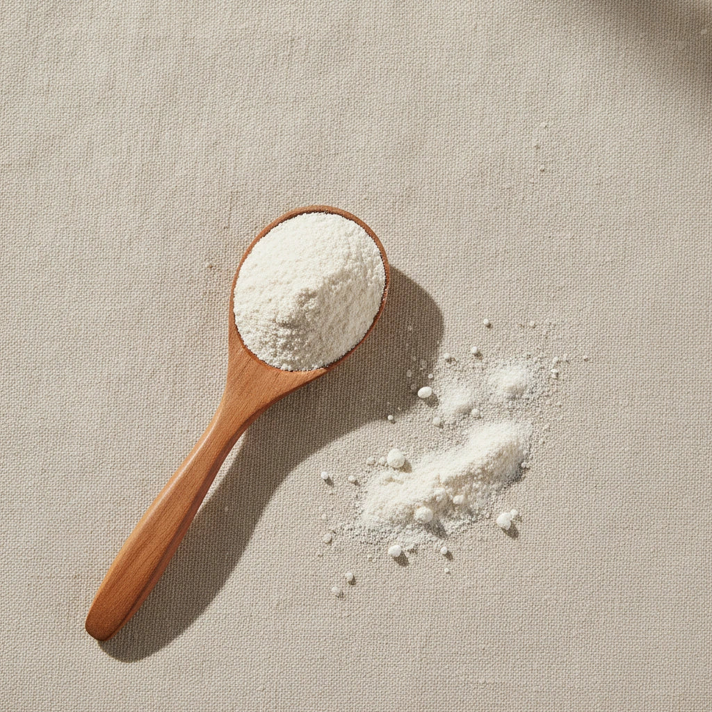Coral Calcium Powder (Calcium Carbonate) | Create a luxurious, photorealistic product photograph featuring the original product naturally arranged in an elegant handcrafted wooden spoon on a soft, finely