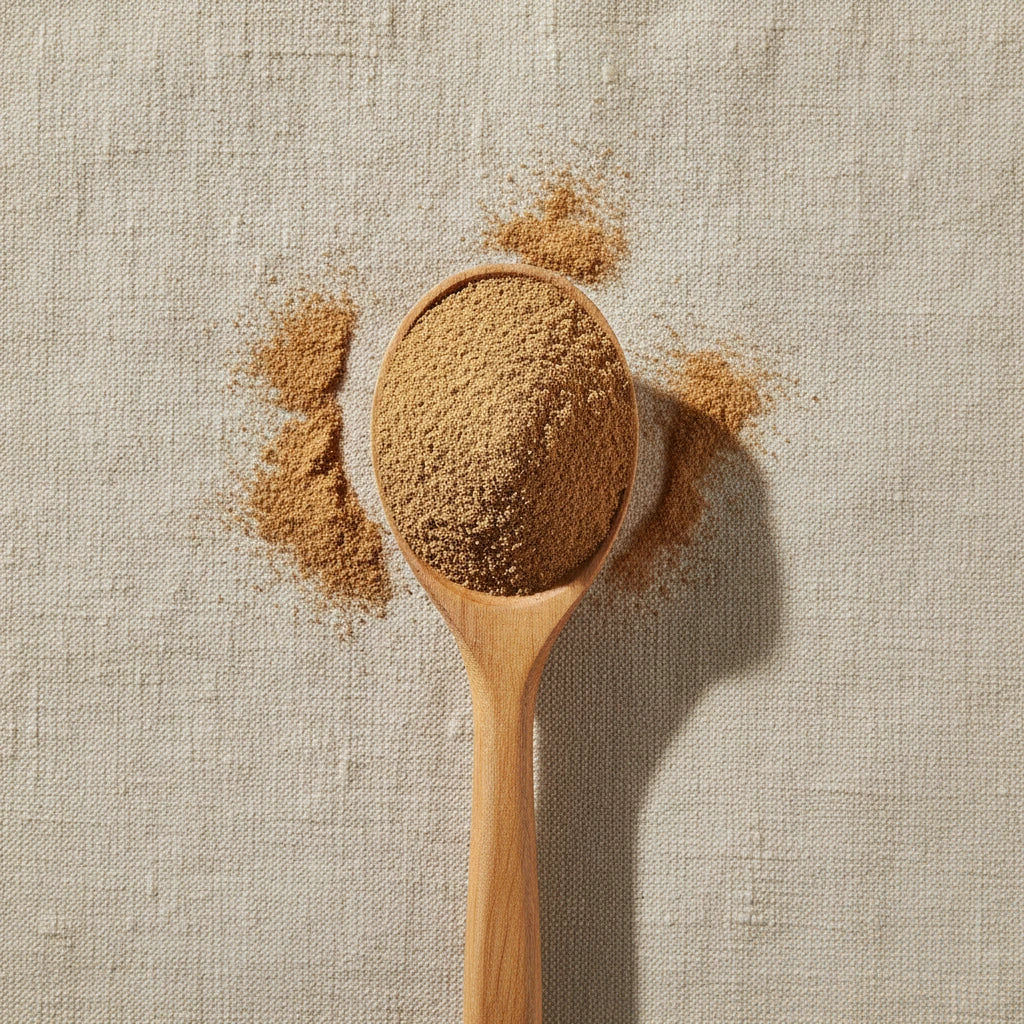 Cordyceps Mushroom Powder (Cordyceps Sinensis) | Create a luxurious, photorealistic product photograph featuring the original product naturally arranged in an elegant handcrafted wooden spoon on a soft, finely