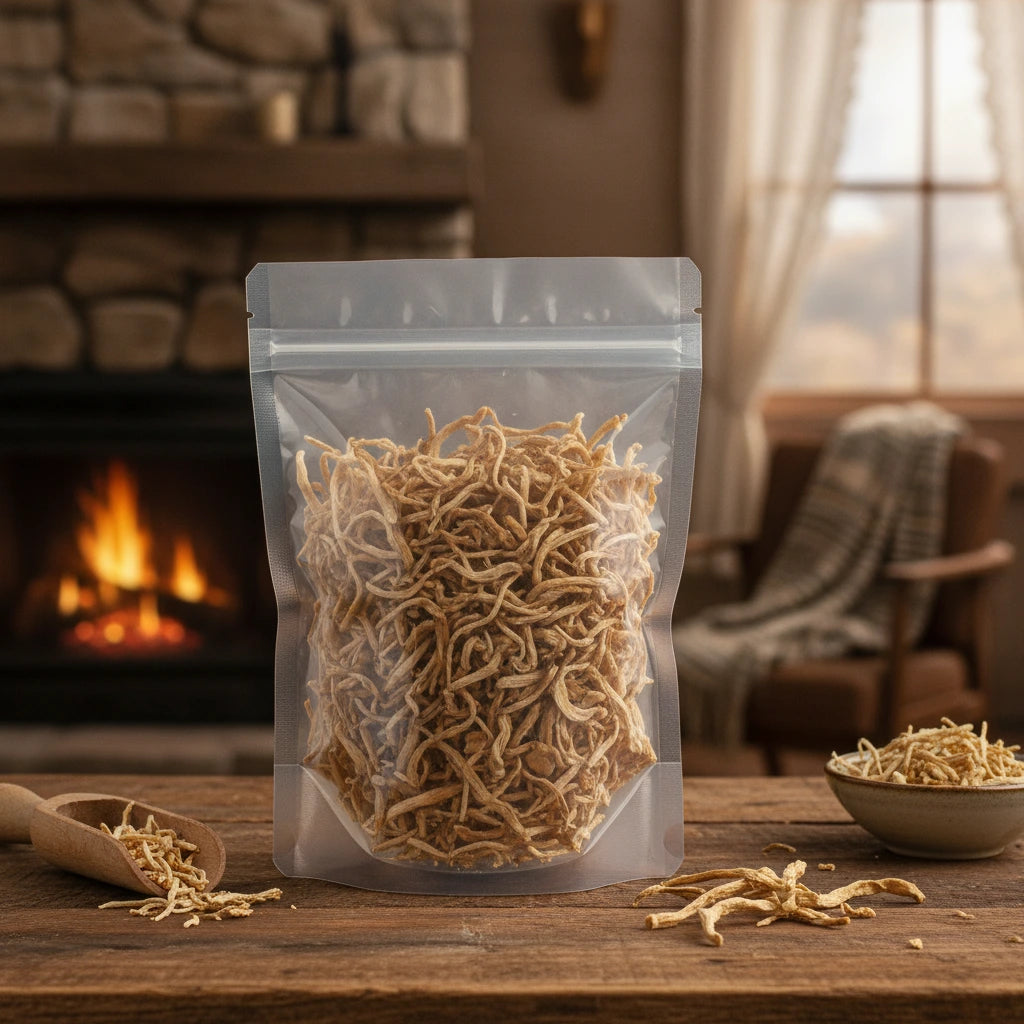 Cordyceps Mushroom Whole (Cordyceps Militaris) | The herb/berry/powder/fruit/root/bark that is in the black bowl, i would like it to shown in a plastic stand up resalable pouch that is clear.