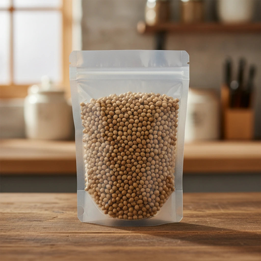 Coriander Seed Whole (Coriandrum Sativum) | The herb/berry/powder/fruit/root/bark/seeds that is in the black bowl, i would like it to shown in a plastic stand up resalable pouch that is clear.